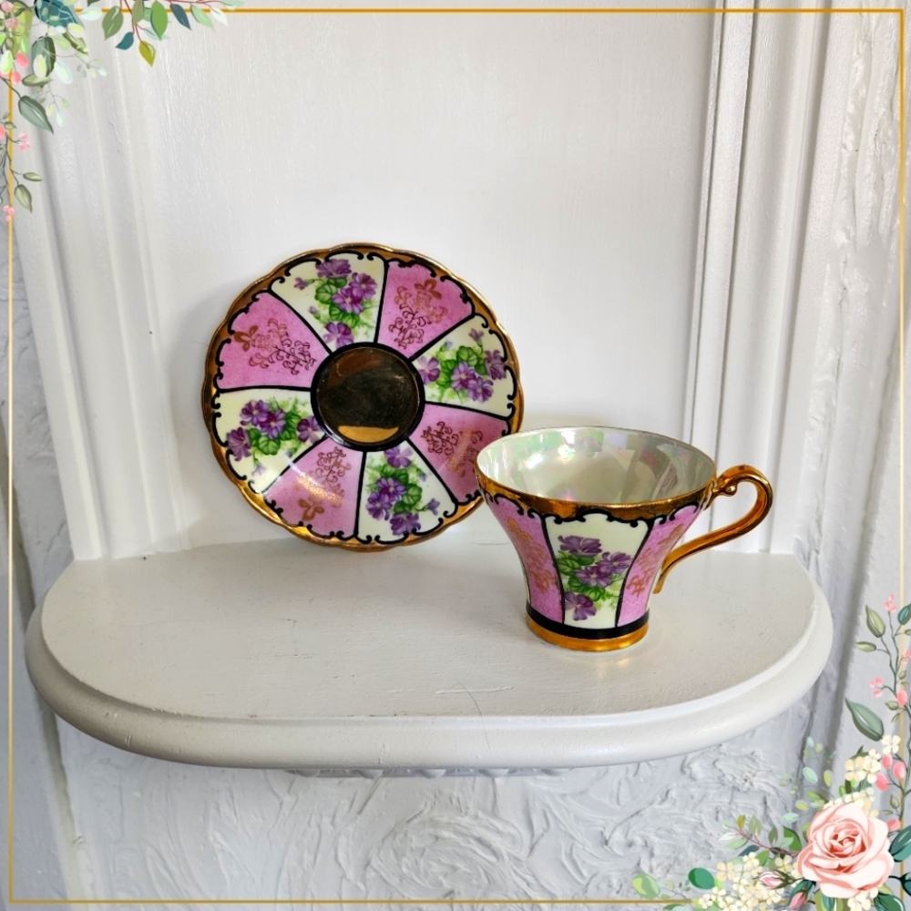 Teacup And Saucer Lovely Duo Floral Panel Pink Gold Lusterware Iridescent Footed